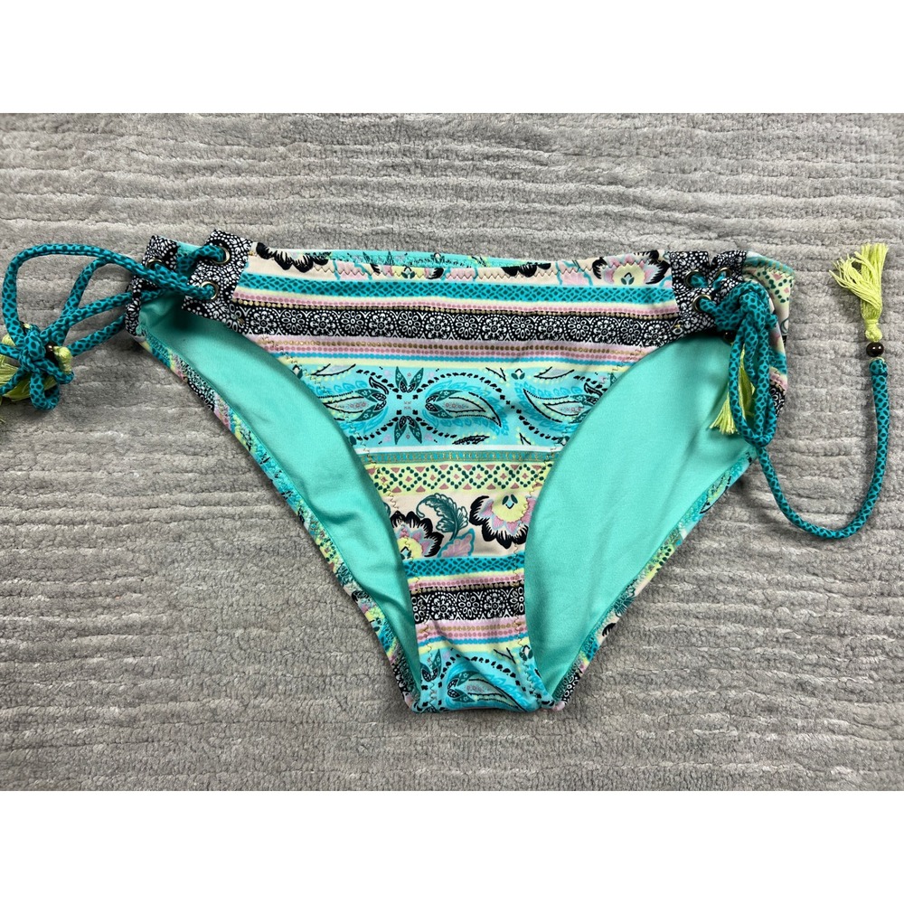 Shade & Shore Bikini‎ Bottom Womens M Teal Paisley Floral Side Tie Tassel Boho
